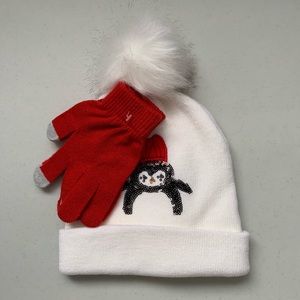NEW Girls Penguin Knit Toque Hat & Glove Set